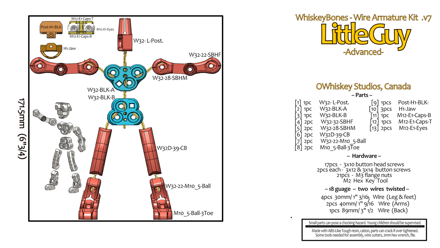 WhiskeyBones Little Guy Advanced Stop Motion Armature Kit Diagram
