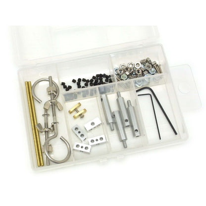 The screws, bolts feet, arm sections, tie downs and wrenches for the ArmaBenders 2 Armature Kit