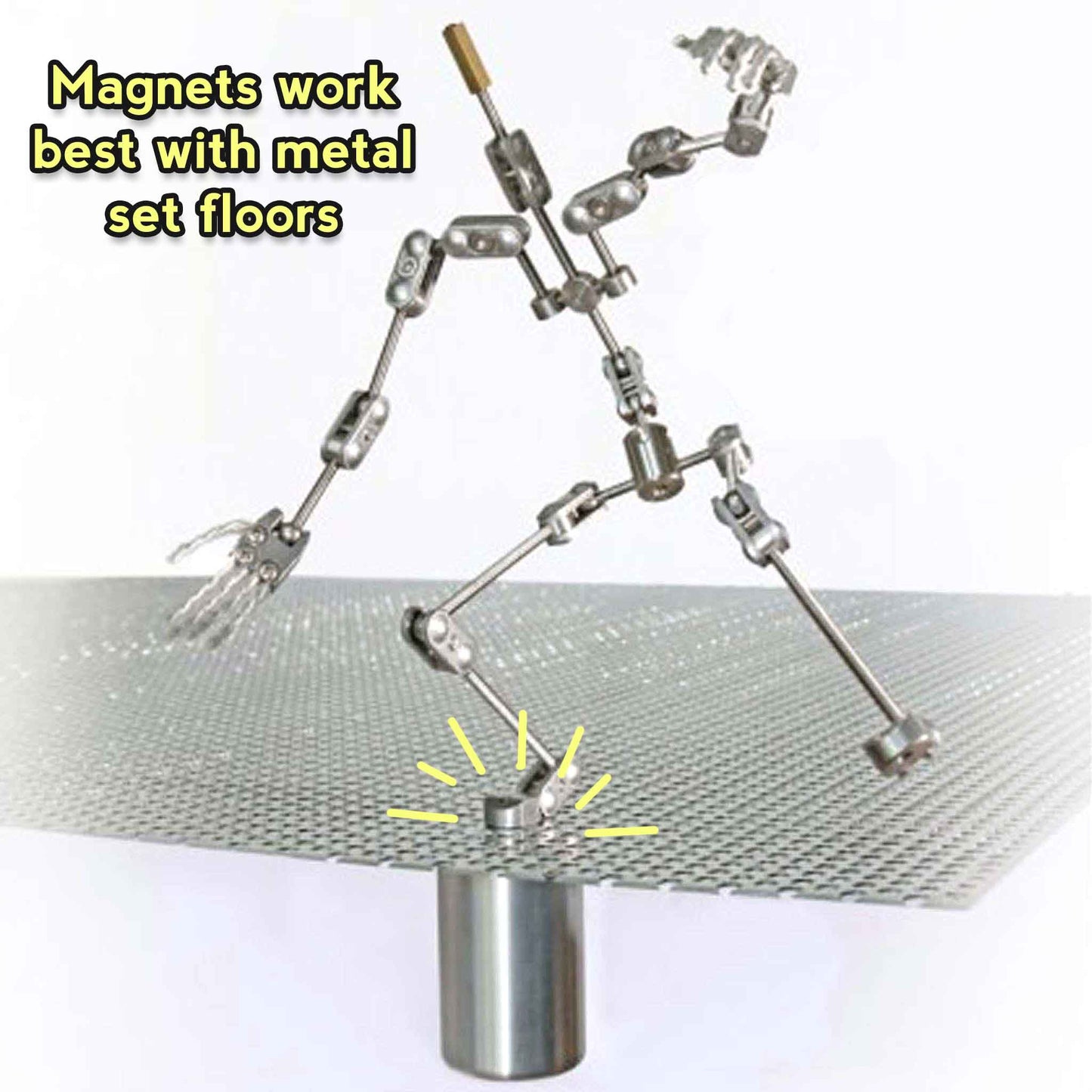 A demonstration showing how the AS Professional Magnetic Tie-Down System holds a puppet foot on our metal mesh.