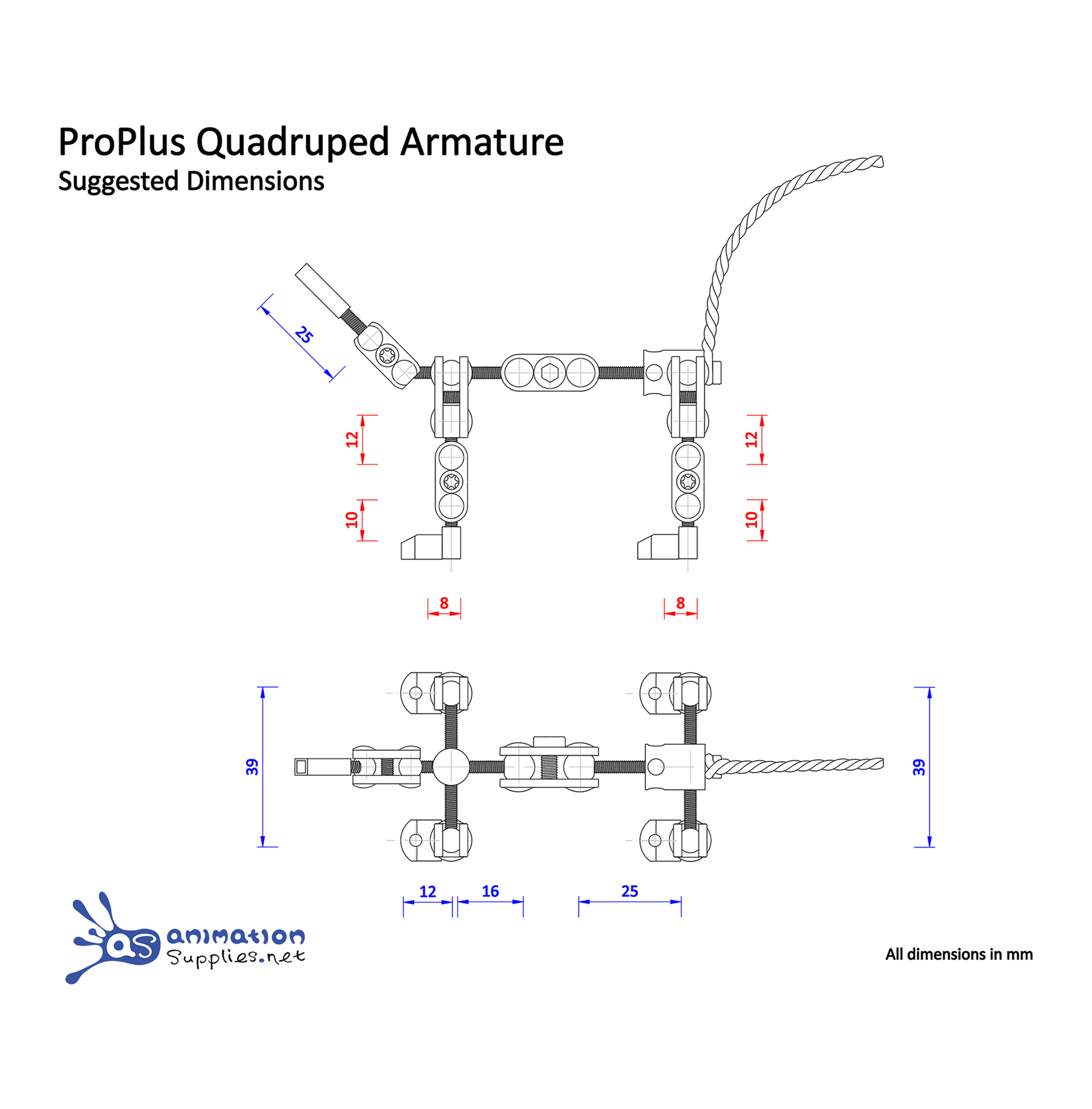 AS Quadruped Stop Motion Armature Kit Schematic