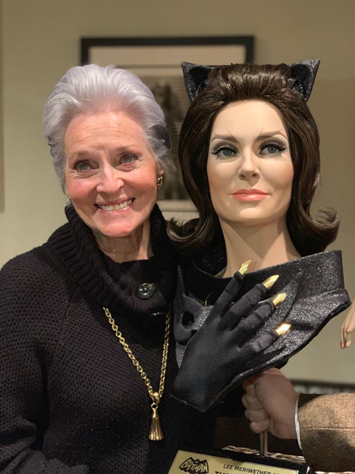 Actress Lee Meriwether (1966 Cat Woman) with sculpture by Marc Spess
