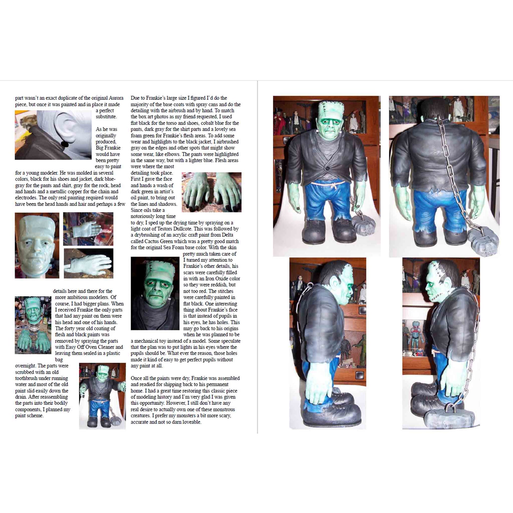 A page from one of the Psycho Styrene Magazine 13 PDF Packs showing a Frankenstein Monster model kit and how it was painted.